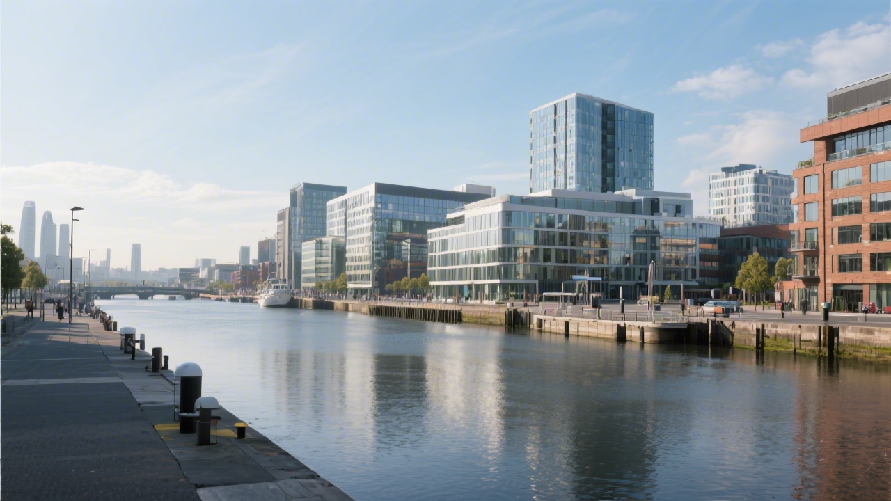 View of Dublin Docklands with modern office buildings and river frontage, representing the business environment that inspires local web design projects.