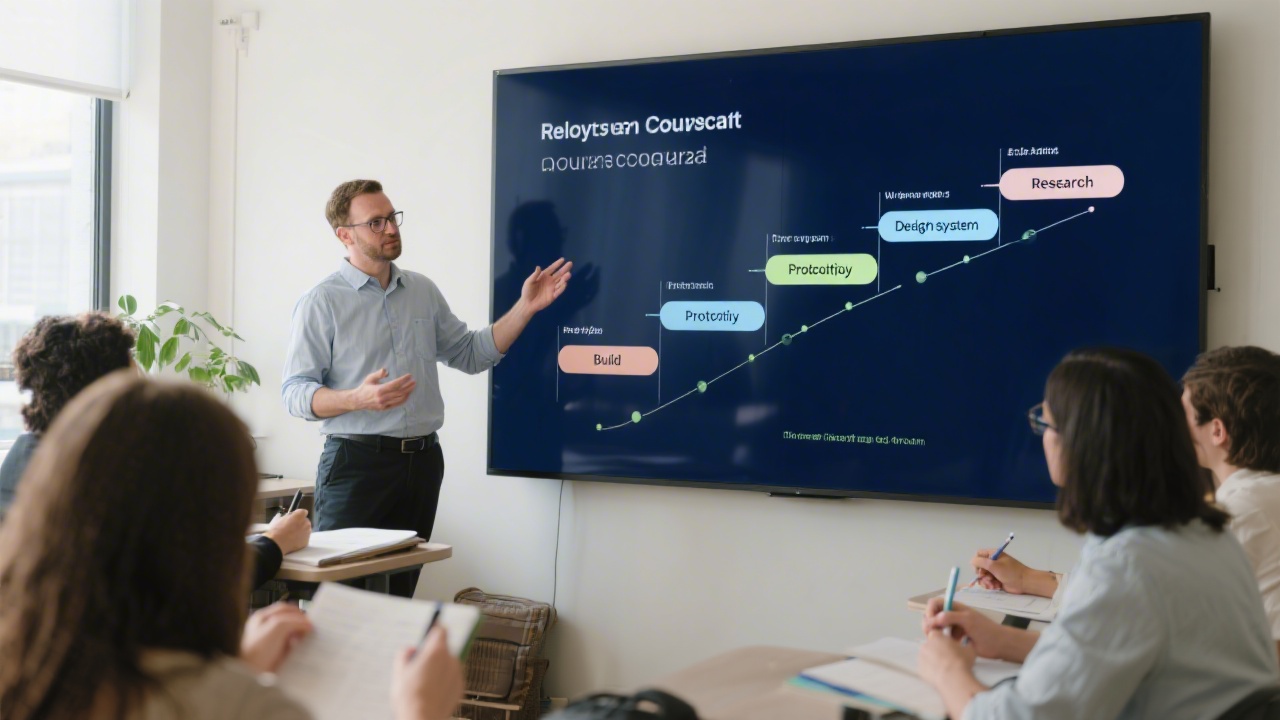 Instructor presenting a structured course roadmap on a large screen with stages labeled research, design system, prototyping, and build, while students take notes.