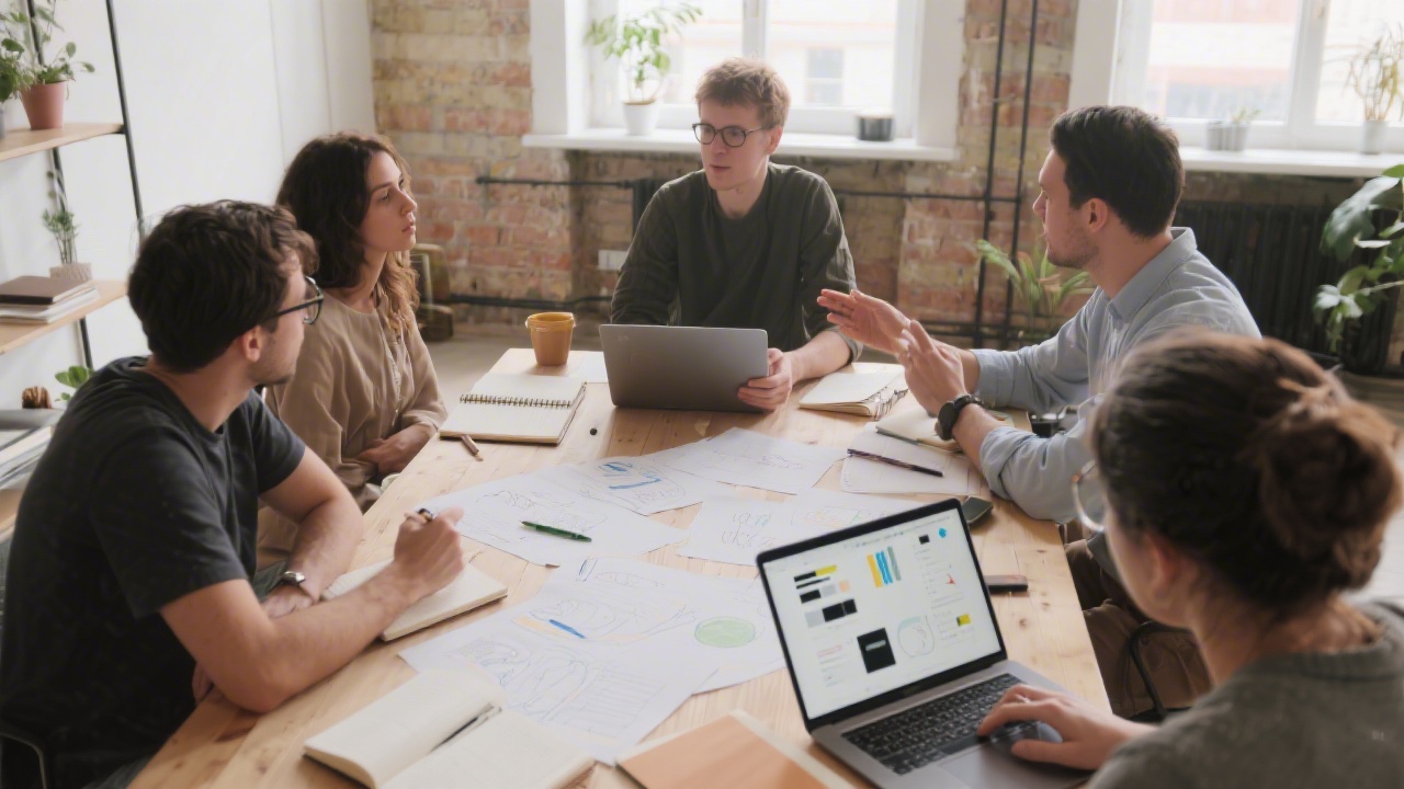 Small group workshop in a creative office space with participants discussing website sketches around a table, notebooks open, and laptops showing design tools.