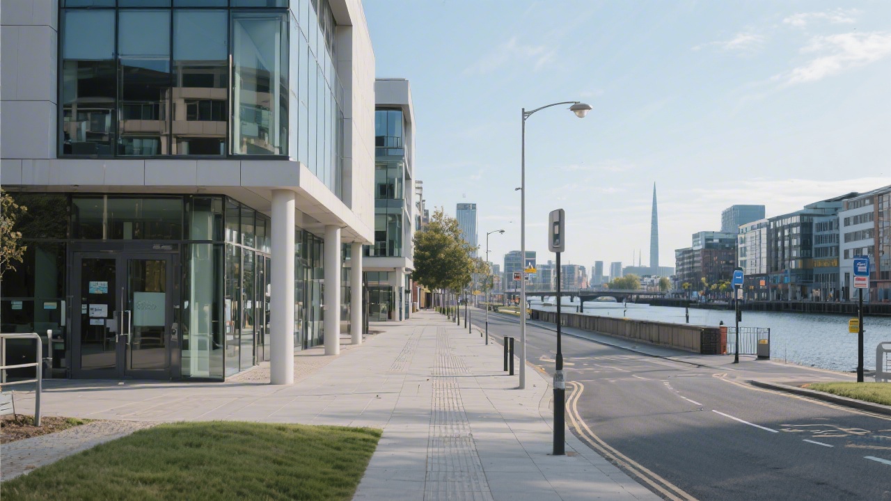 Quiet street view near Dublin Docklands with modern offices and pedestrian walkways, indicating an accessible city-centre training location.