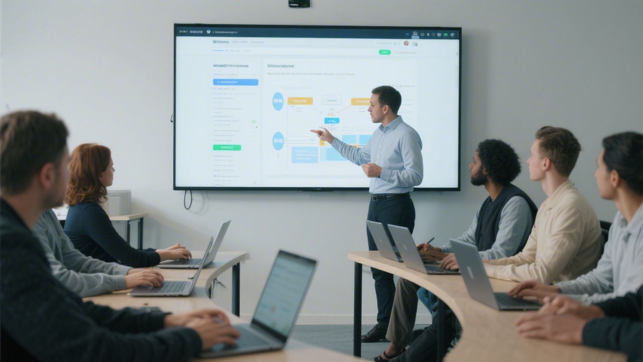 Trainer demonstrating a website build process on a large display while participants follow along on laptops, arranged in a semicircle for collaboration.