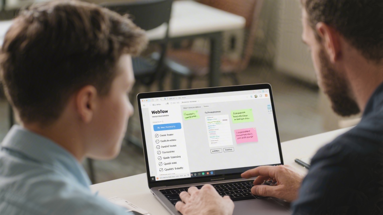 Student receiving guidance from instructor on a laptop screen showing a Webflow project, with notes and a checklist of quality standards.